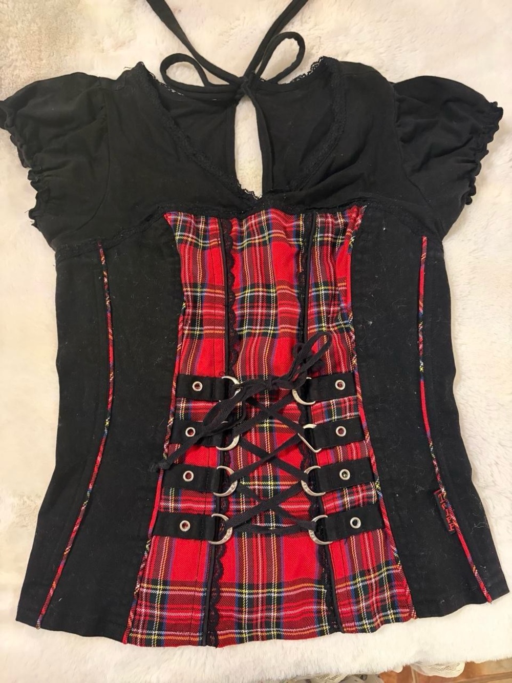Tripp NYC Black Top with Red Plaid Corset Front